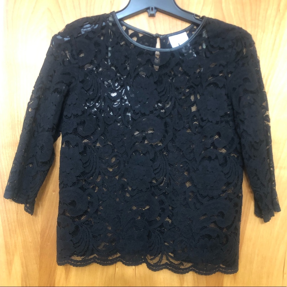 NWOT Black Lace 3/4 Sleeve Top with Leather Collar